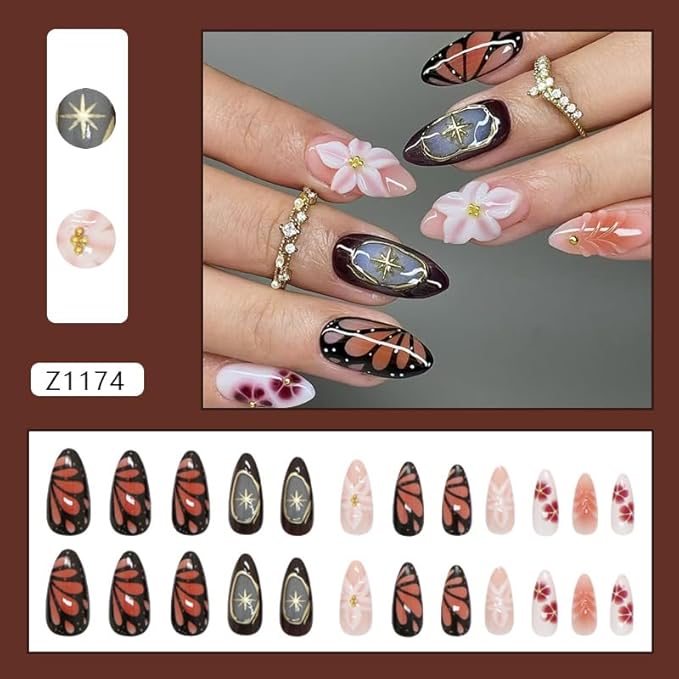 Long Almond Press on Nails Fake Nails with 3D Flowers and Butterfly Design False Nail with Star Accents and Gradient Color Stick on Nail for Women 24pcs