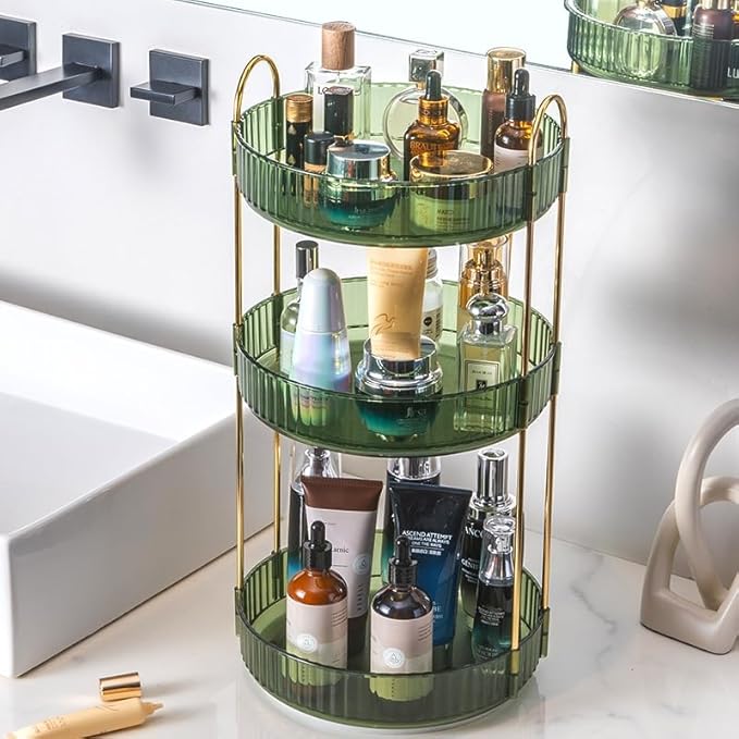 Makeup Organizer for Vanity, 360° Rotating Bathroom Organizer Countertop, High-Capacity Skincare Organizer, Spinning Cosmetics Organizer for Dresser Countertop (3 Tiers, Green)