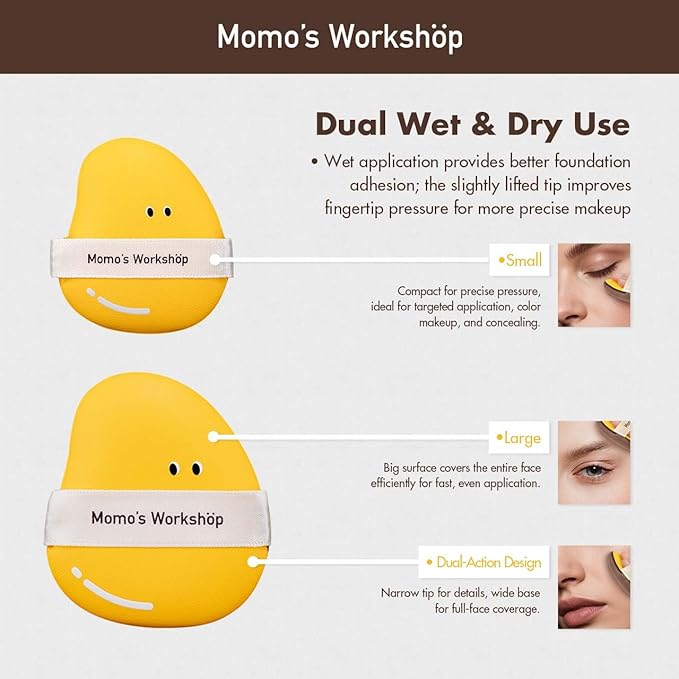 Momo's Workshop Mango Makeup Sponge Set- 2 Cosmetic Foundation Sponges, Dual-Textured for Wet/Dry Use, Pointed Tip for Detail Work, Includes Large & Medium Sizes & Storage Case