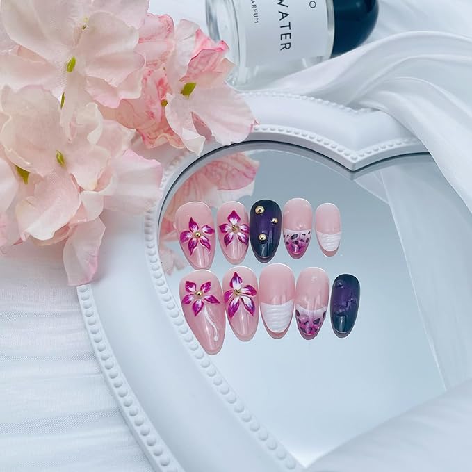 24Pcs Flower Press on Nails Medium Almond French Tip Fake Nails with Gold Beads Designs 3D Flowers Handmade Stick on Nails Glossy Purple Pink Full Cover Acrylic False Nails for Women Manicure Kit