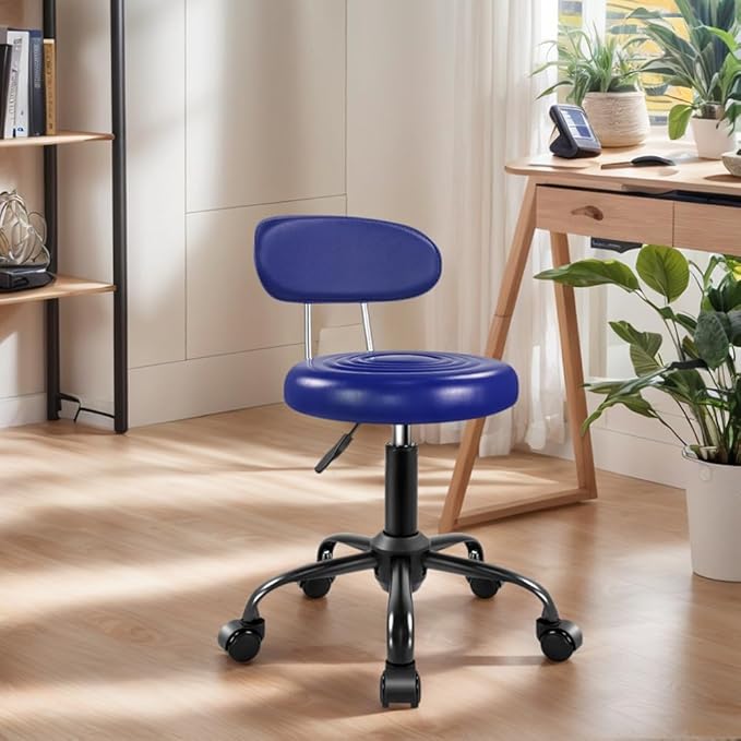 Rolling Stool with Wheels Swivel Stool with Back Height Adjustable Chair Ideal for SPA Salon Home Office Drafting Work (Blue)