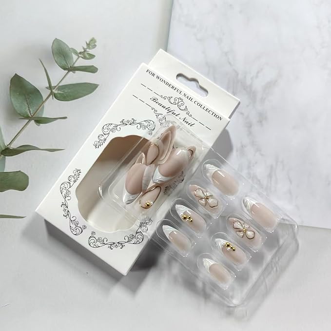 White French Tip Press on Nails Medium Almond Fake Nails with 3D Flower Designs Glossy Pink Acrylic False Nails Golden Bead Artificial Glue on Nail Cute Petals Stick on Nail for Women 24Pcs