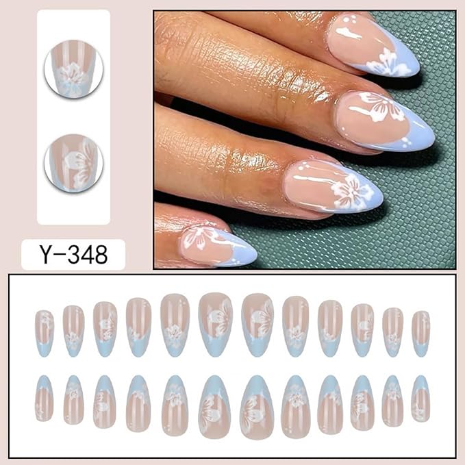 24Pcs Flower Press on Nails Medium Almond Fake Nails Blue French Tip False Nails with White Flower Design Spring Summer Artificial Nails Full Cover Glue on Nails Glossy Stick on Nails for Women DIY