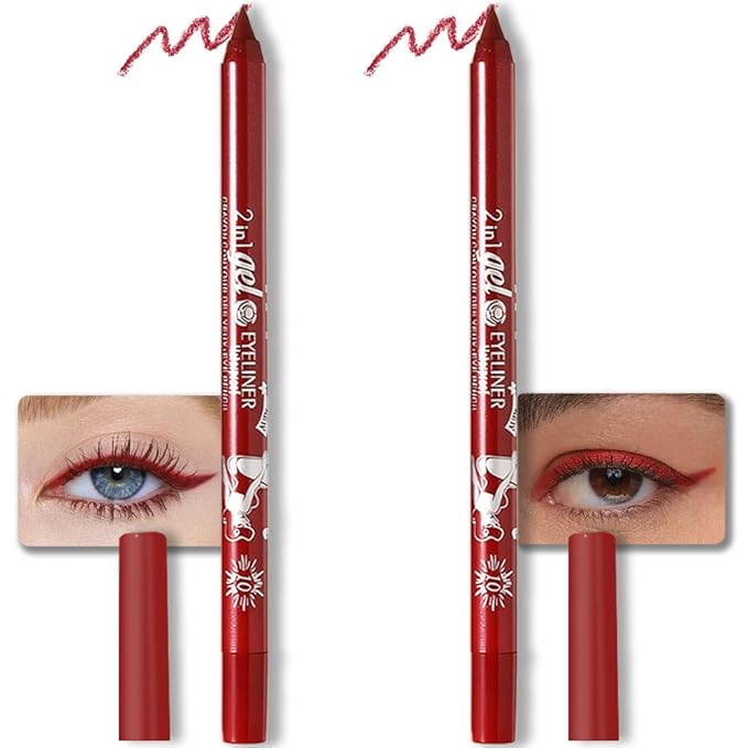 evpct 2Pcs Red Color Gel Glitter Eyeliner Pencils Set for Women Waterline Waterproof Smudge Proof lapiz de ojos delineador de ojos contra el agua Eye Liner Makeup
