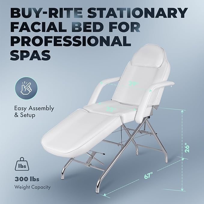 Buy-Rite Stationary Facial Bed – White Vinyl, Thick Foam Cushion, Adjustable Headrest, Backrest & Leg Rest, Removable Face Pillow & Armrests – SY-3557 – 300 lb Capacity