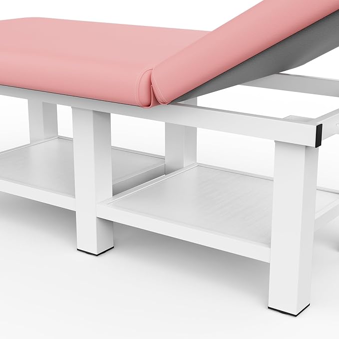 pouseayar Metal Frame Wide Stationary Massage Table for Treatment Table Physical Therapy Table Spa Facial Bed, PU Leather 31.5'' Wide 75'' Long (Pink, Segmented Structure)