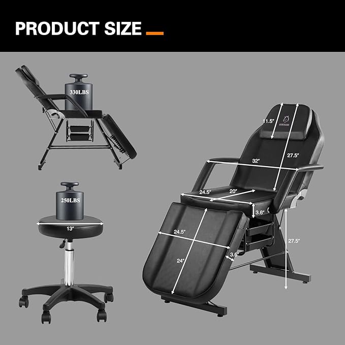 Tattoo Chair Adjustable,Facial Chair Multipurpose 73 Inch Spa Facial Bed with Massage Equipment Stool for Beauty Spa Tattoo, Black