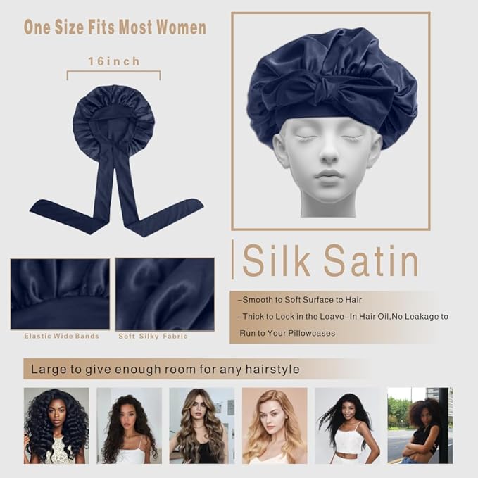 Silk Bonnet for Sleeping Women, Ajustable Hair Bonnet for Curly Hair with Tie Band Shower Caps Bark Blue，Large