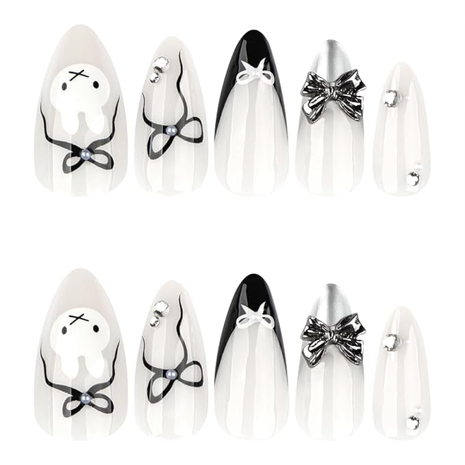 Cute Bunny Press On Nails almond,24pcs Medium False Nails with Black & White Bow Design, 3D Metallic Bow and Rhinestone Fake Nails, Cartoon Acrylic Stick On Nails Kit for Women Girls