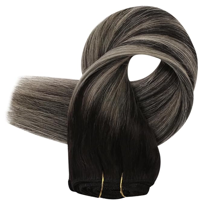 Full Shine Black And Silver Clip in Hair Extensions 22 Inch Ombre Hair Extensions Real Human Hair Clip ins Long Remy Human Hair Full Head 120 G 7 Pcs