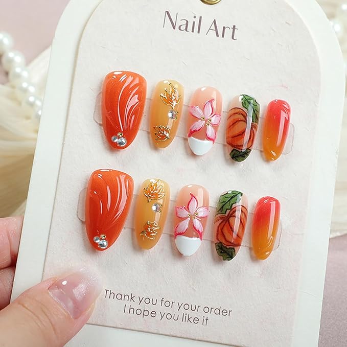 30Pcs Fall Press on Nails Almond Medium Maple Leaf Fake Nails with 3D Flower Pumpkin Designs Autumn Thanksgiving Maple Leaves Nail Tips Gold Bead Rhinestone Full Cover Acrylic Stick on Nails for Women