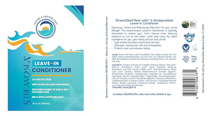 STREAM 2 SEA Leave In Conditioner Reef Safe Hair Conditioner Formula For Dry and Damaged Hair, 32 oz Paraben Free Hair Detangler with UV Protection For All Hair Types