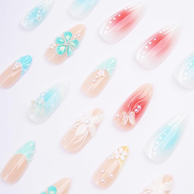 24pcs Summer Press on Nails Medium Almond Fake Nails with 3D Flower Butterfly Designs Pearl Glue on Nails French Tip False Nails Kit Gradient Full Cover Acrylic Nails Stick on Nails for Women