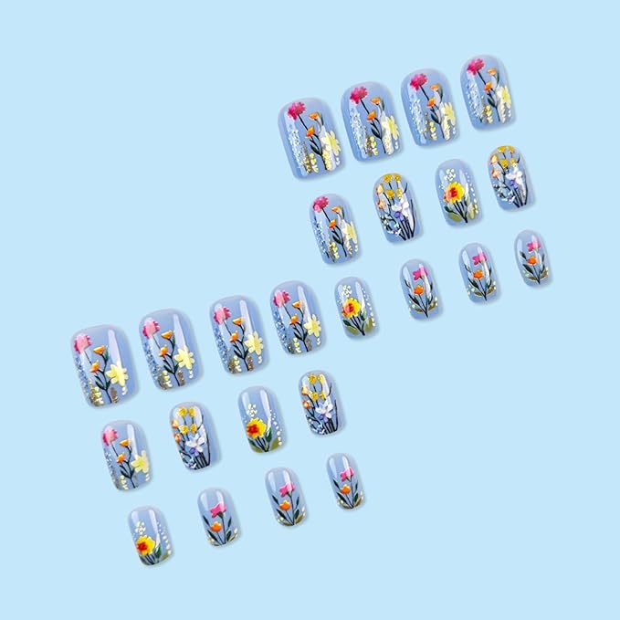 Blue Press on Nails Short Square Acrylic Full Cover False Nails Spring Flower Stick on Nails Glossy Gold Glitter Fake Nails 24Pcs Wild Flowers Gel Glue on Nails for Coquette Women Girls
