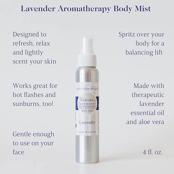 Victoria's Lavender Aromatherapy Body Mist Spray - After Sun Solar Recovery Spray with Aloe Vera plus Lavender Essential Oil - Hydrating, Moisturizing Aloe Vera Mist, Made in the USA, 4 oz (120 ml)