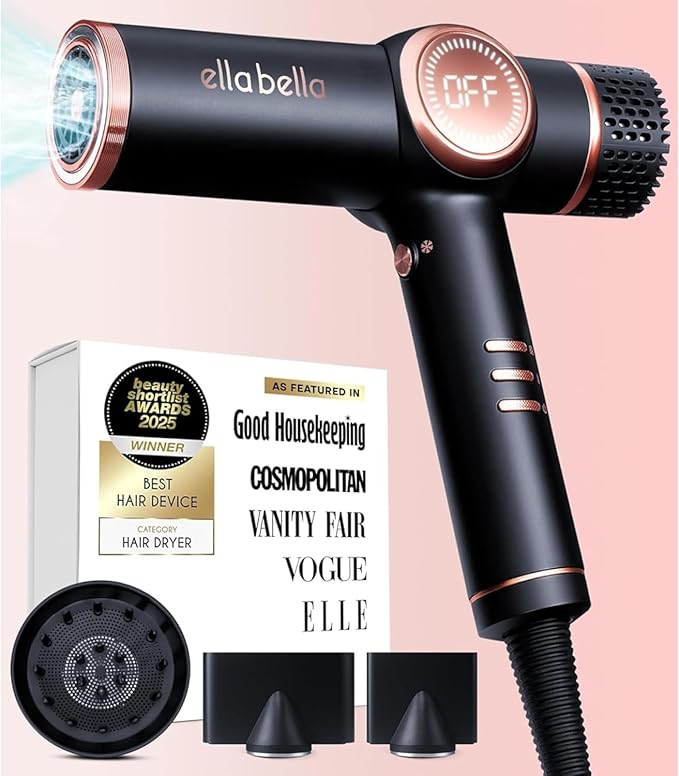ELLA BELLA® Professional Ionic Hair Dryer with Diffuser • Dual Voltage Negative Ion Blow Dryer • Suitable All Hair Types • Intelligent Heat Control & Rapid Drying Speeds • Lightweight Design Low Noise