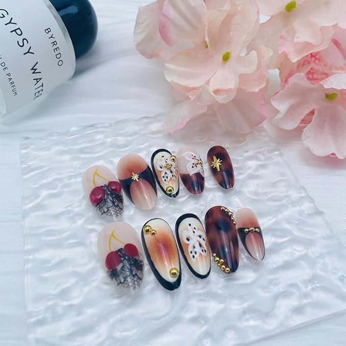 French Tip Press on Nails Medium Almond Fall Fake Nails with Gold Rhinestones Designs 3D Cherry Flower False Nails Brown Full Cover Artificial Glue on Nails - 24Pcs Nail Kit for Women Girls Manicure