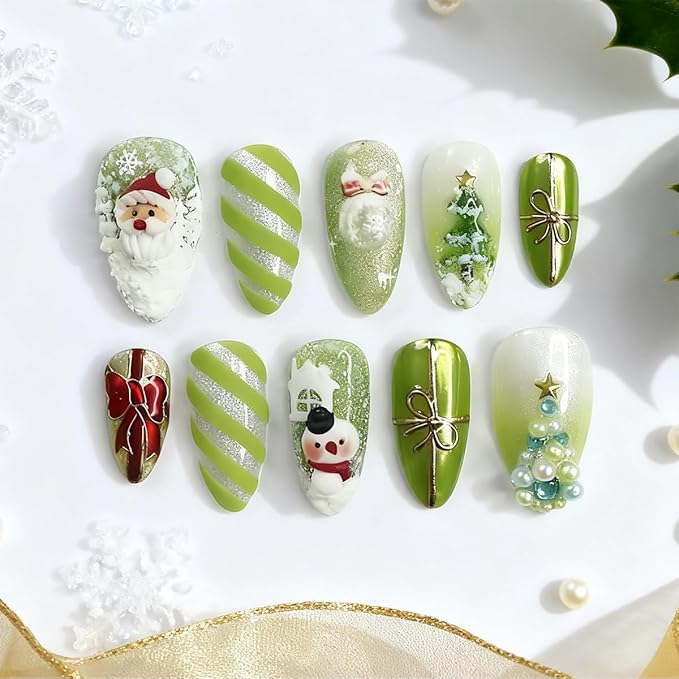 30Pcs Christmas Press on Nails Medium Almond Fake Nails Winter Acrylic Nails Snowman Santa Designs Green Christmas False Nails Snowflake Xmas Tree with Rhinestones Full Cover Stick on Nail for Women