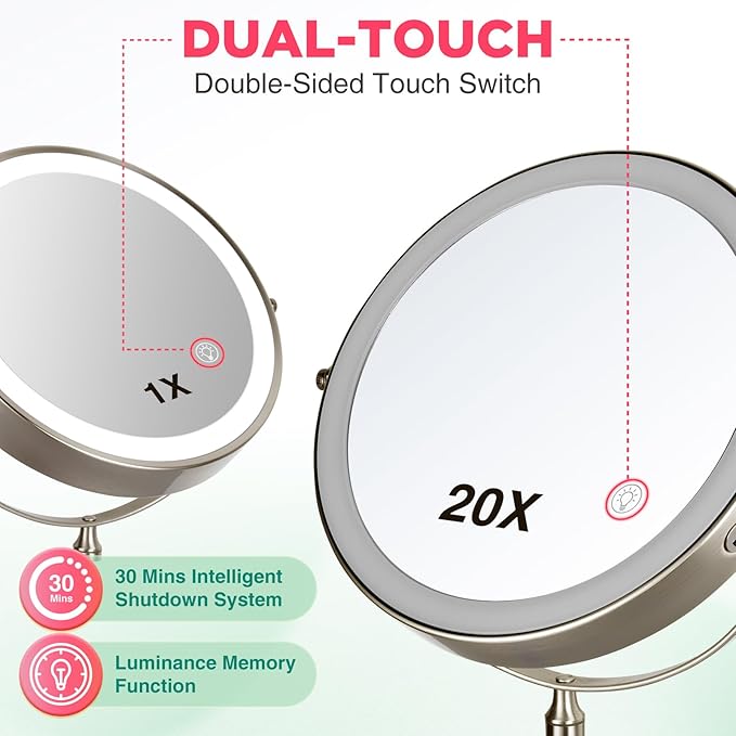 20X Magnifying Mirror with Light: 8.5 inch Lighted Makeup Mirror with 3 Colors, 360° Rotation Touch Screen Rechargeable Light up Mirror, Double Sided LED Vanity Mirror, Brushed Nickel