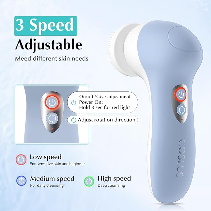 COSLUS Powered Facial Cleansing Brush: Rechargeable Electric Face Cleanser for Sensitive & Acne-Prone Skin, 3 Brush Heads, 3 Speeds, 2-Direction Rotation, for Men Women IPX7, Deep Cleaning Blue
