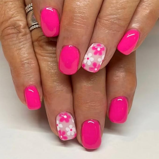 Hot Pink Press on Nails Short Square Fake Nails Flowers False Nails Cute Floral Glossy Full Cover Acrylic Nails Summer Glossy Glue on Nails Shiny Artificial Stick on Nails for Women Manicure 24 Pcs