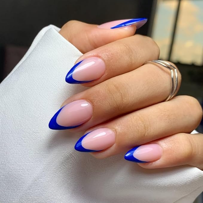 30 Pcs Royal Blue French Tip Press on Nails Short Almond, Acrylic Fake Nails with Glue Medium Stiletto Shape, Acrylic Natural Navy Blue Glue on Nails for Women, 15 Sizes