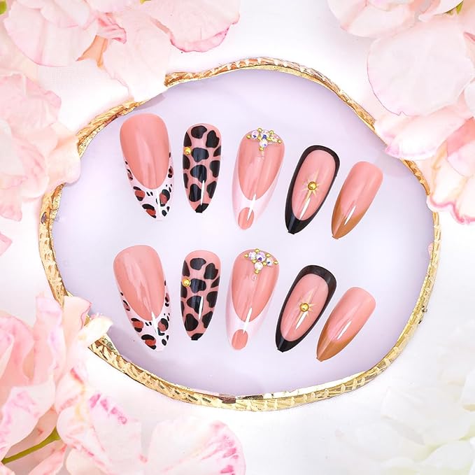24Pcs French Tip Press on Nails Medium Almond Fake Nails with 3D Rhinestones Designs Fall False Nails Artificial Star Gems Glue on Nail Leopard Print Full Cover French Acrylic Nails for Women