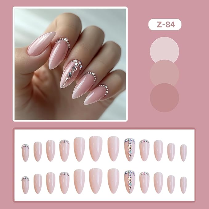 Rhinestones Press on Nails Medium Length Pink Almond Tip Acrylic False Nail Full Cover Glossy Artificial Stick on Nail Press Ons Artificial Fingernails 24Pcs DIY Glue on Nails for Women