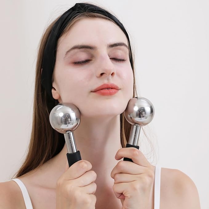 Pfefe 360 Rotating Ice Globes for Face & Eyes, Unbreakable Stainless Steel Cryo Sticks for Beauty Routines, Facials Cold Roller Colling Globes for Puffiness, Wrinkles, Dark Circles, Headaches