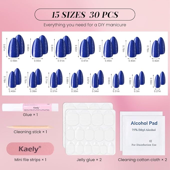 evpct Press on Nails Almond Short, Royal Blue Glitter Shimmer Shiny Short Almond Fake Nails for Women Gift, Soft Gel Press Glue On Nails with Nail Glue, 30Pcs Reusable Acrylic Fake Nail Manicure Kit