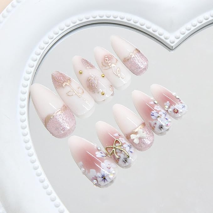 24Pcs Flower Press on Nails Medium Almond Fake Nails with Bow Rhinestones Designs Pink Acrylic Nails Glitter Glue on Nails Cute Floral False Nails Rose Flowers Stick on Nails for Women Nail Supplies