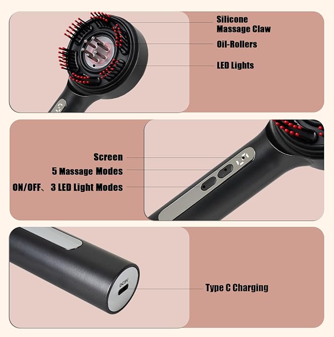 3-in-1 Hair Scalp Massager Comb - Rechargeable Cordless Portable Scalp Care Brush with Essential Oil Applicator, Gentle Scratching & Kneading Massage for Hair & Scalp Nourishment, Fit for Men & Women