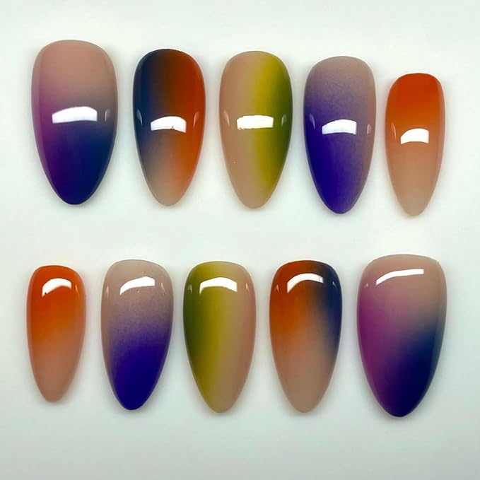 24Pcs Colorful Press on Nails Medium Almond Fake Nails Rainbow Smudge Stitching Acrylic Nails False Nails Mix-Color Ombre Full Cover Glue on Nails Sweet Summer Stick on Nails for Women Decor