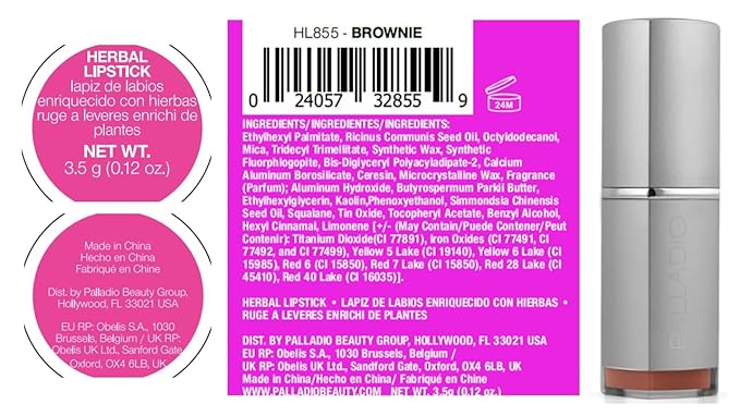 Palladio Herbal Lipstick, Rich Pigmented and Creamy Lip Color, Infused with Safflower, Ginseng, Ginkgo Biloba, Camellia and Aloe, Prevents Lips from Drying, Combats Fine Lines, Long Lasting, Brownie