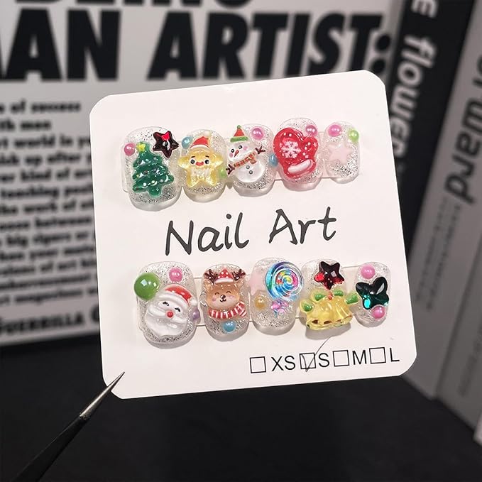 10Pcs Christmas Press on Nails Short Square Fake Nails Petite Cute Christmas False Nails with Santa Claus Snowman Christmas Tree Bells Rhinestones Design Glitter Winter Xmas Glue on Nail for Women DIY