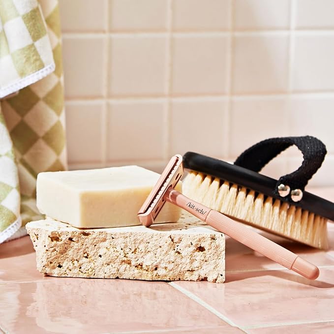 Kitsch Double Edge Safety Razors for Women and Men, Long Metal Handle and Stainless Steel Single Blade Razor with 5 Double Edge Refills, for Shaving and Travel Essentials - Terracotta