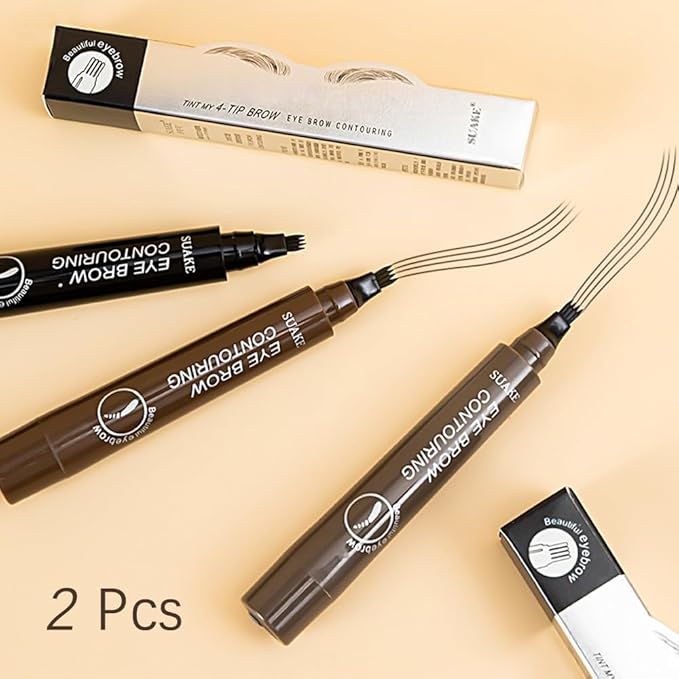 Eyebrow Ink Pencil by Brow Stylist -Micro 4 Point Brow Pen Lift & Snatch 2 Eyebrow Pen Kits with 3 Eyebrow Stencil Long-Lasting Waterproof Natural Eyebrow Hair (B-2Pc 02# Dark brown)