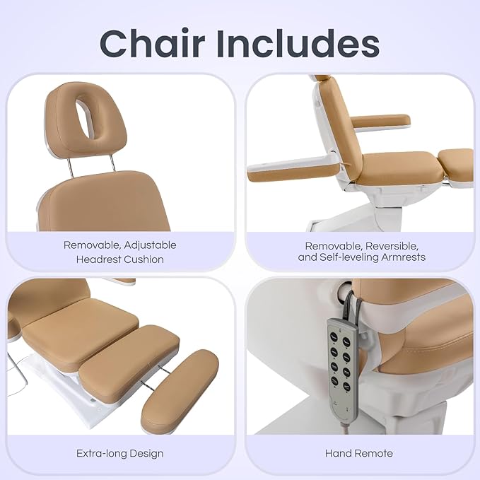 Medical Spa Exam Chair - Electric Massage Table for Spa Facial Solutions - 4-Motor Salon Bed with Remote Control, 2-Year Warranty - Esthetician Equipment for Medical Office - Beige