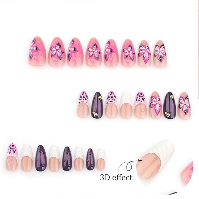 Flowers Fake Nails French Tip Press on Nails 3D Purple Floral Acrylic Nails Medium Almond False Nails with Designs Nail Charm Glue on Nails Soft Gel Wavy Artificial Nails for Women Girls Manicure Art