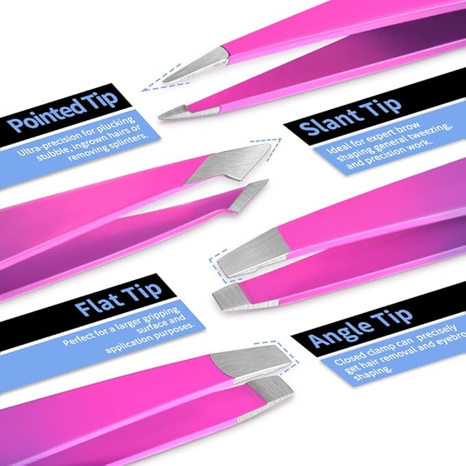 Eyebrow Tweezer Set, TsMADDTs 6PCS Tweezers Set for Women, Precision Tweezer for Eyebrows with Curved Scissor for Ingrown Hair, Hair Plucking Daily Beauty Tools (Pink&Purple)