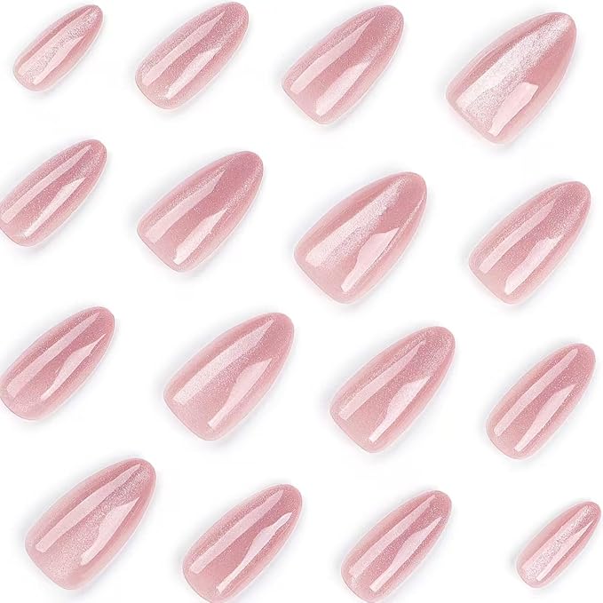Pink Glitter Press on Nails Shiny Fake Nails Medium Almond False Nails with Design Glossy Glue on Nails Artificial Acrylic Nail Stick on Nails for Women Girls Manicure 24Pcs
