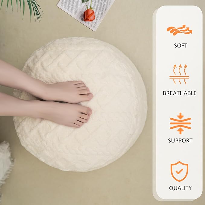 Beige Round Faux Fur Ottoman Pouf - 20x15 Inch Storage Foot Stool Cushion for Living Room & Bedroom Decor