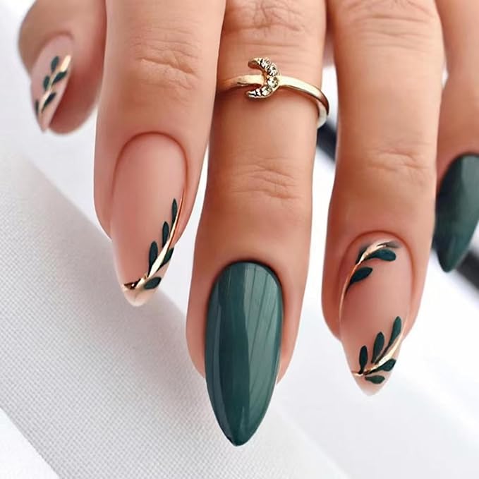 Green Press on Nails Short Almond Stick on Nails Nude Fake Nails with Leaf Design Glossy Full Cover False Nails Artificial Acrylic Nails for Women Girls Diamond Manicure 24Pcs