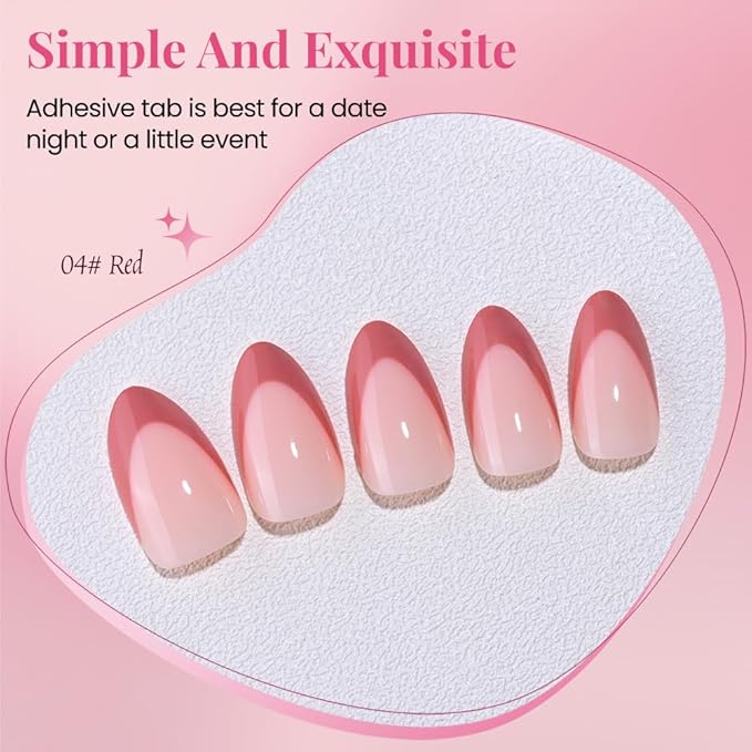 Vermilion French Tip Press on Nails Almond, Short Almond Fake Nails, Glossy Gel Finish Acrylic Press On Nails, Natural Glue On Nails, Reusable Stick On Fake Nails for Women, 30Pcs 15 Sizes