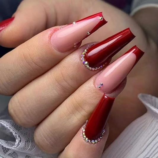 Red Press on Nails Classic French Tip with Sparkling Rhinestones Long Coffin Fake Nails Burgundy Nails Full Cover Glossy Glue on Nails for Women 24PCS