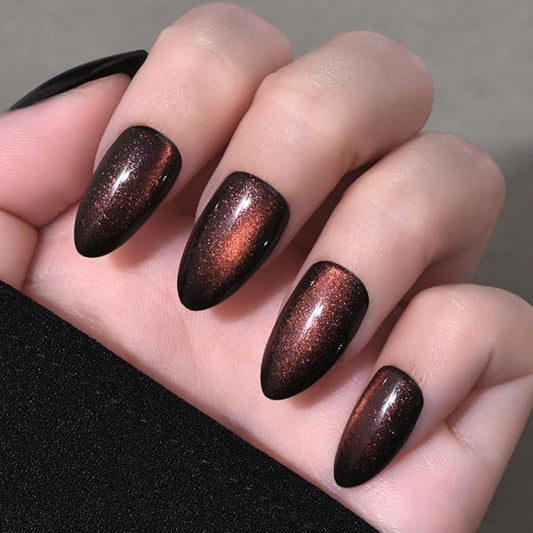Cat Eye Dark Red Press On Nails Short Almond 30 Pcs, Designer Reusable Acrylic Fake Nails with Glue, Glossy Soft Gel Nails Wedding and Party, Stick On Glue On Nails, Nails fro Women Gift