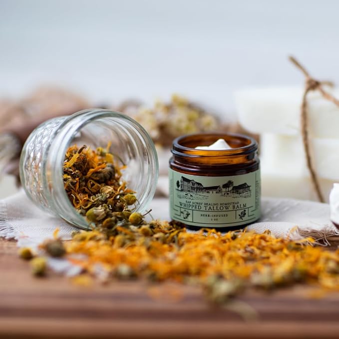 100% Grass-Fed Whipped Tallow Balm & Organic Jojoba Oil infused with Organic Calendule & Chamomile: face & body moisturizer-dry, baby, sensitive skin/eczema, psoriasis (HERB-INFUSED)