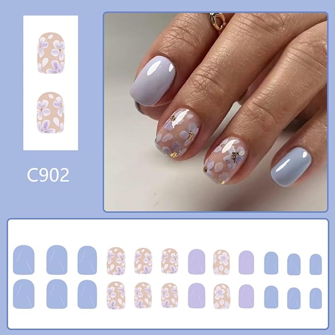 Flower Press on Nails Short Square Fake Nails with Designs Gold False Nails Purple Glossy Full Cover Glossy Acrylic Nails Summer Glue on Nails Cute Artificial Stick on Nails for Women Manicure 24 Pcs