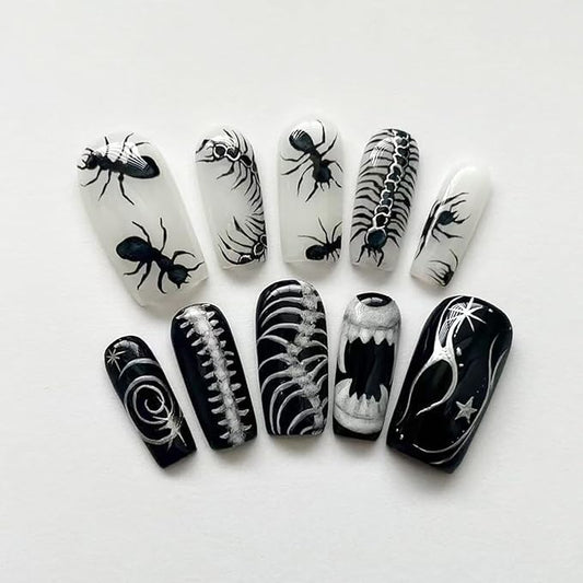 24Pcs Goth Press on Nails Long Square Halloween Fake Nails Black White Ant Skull Flame Glossy Glue on Nail Full Cover Artificial Nails Reusable Horror False Nails for Women Acrylic Manicure Decor