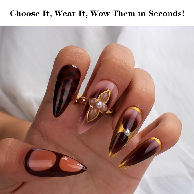 Elegant Gold and Burgundy Press-On Nails with Flower Design, Stiletto Shape, Rhinestone Accents, Reusable Full Cover Fake Nails, 24Pcs Set